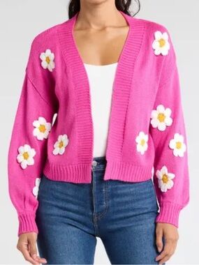 Cotton Emporium 3D Daisy open-front cardigan knit flower appliqué balloon sleeve